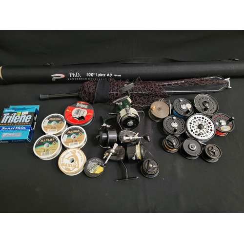FISHING INTREST
a three section PhD 10' fibreglass rod, selection of spinning and other reels, landing net and a pair of size 11 Ocean green rubber waders