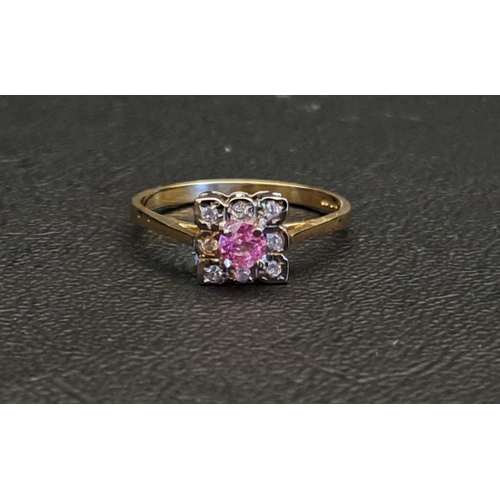 PINK SAPPHIRE AND DIAMOND CLUSTER RING
the central round cut sapphire approximately 0.25cts in eight diamond surround, on nine carat gold shank, ring size O