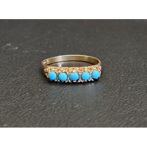TURQUOISE FIVE STONE RING
the round cabochon turquoise stones on nine carat gold shank, ring size P-Q