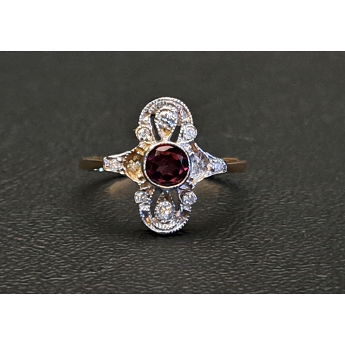 RHODOLITE AND DIAMOND PLAQUE STYLE RING
the central round cut rhodolite approximately 0.45cts, in shaped and pierced diamond set surround, on nine carat gold shank, ring size O-P