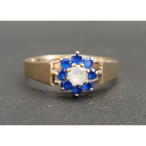 BLUE AND CLEAR GEM SET CLUSTER RING
on nine carat gold shank, ring size P-Q and approximately 1.9 grams