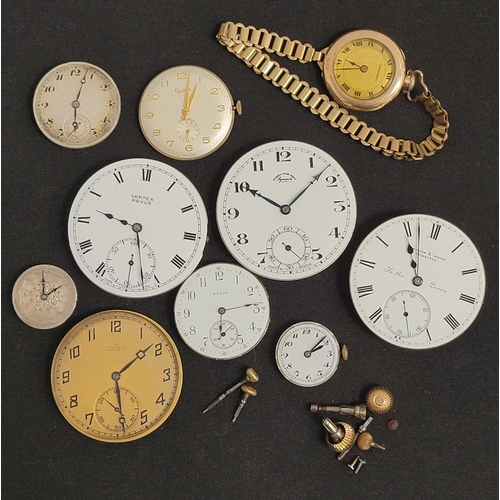 SELECTION OF POCKET AND  WRIST WATCH DIALS, MOVEMENTS AND PARTS
including a Hamilton and Inches pocket watch movement and dial, and others by Vertex Revue and The Northern Goldsmiths, a gold plated watch, etc.
