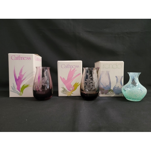 THREE BOXED CAITHNESS VASES
including a Rondo bud vase in amethyst and etched with a merry-go-round horse, 11.5cm high; Summer flowers vase, 11.5cm high; and another  Rondo bud vase, 10cm high (3)