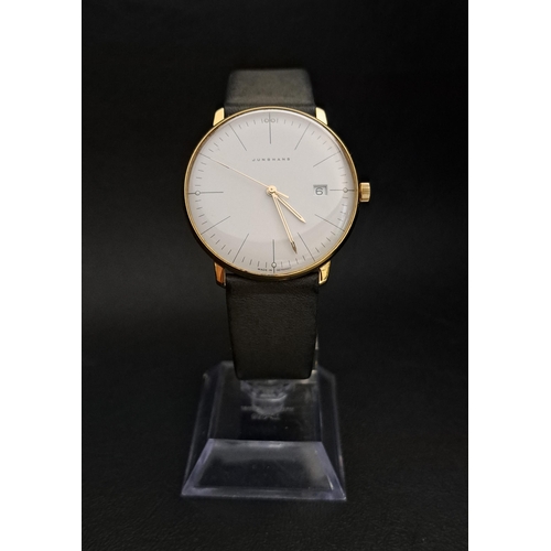 GENTLEMAN'S JUNGHANS MAX BILL WRISTWATCH
the white dial with five minute baton markers, smaller second markers, luminous button markers at 3,6, 9 and 12, and date aperture at 3, numbered 041/7857.04 and 01229, with quartz movement and grey leather strap