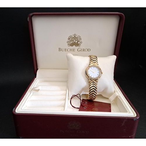 LADIES BUECHE GIROD DIAMOND SET NINE CARAT GOLD WRISTWATCH
the white enamel dial with Roman numerals and diamond set bezel, the diamonds totalling approximately 0.35cts, on herringbone effect nine carat gold bracelet strap, ref. number 7006, serial number 90090032, total weight approximately 35 grams, with box and extra link for bracelet