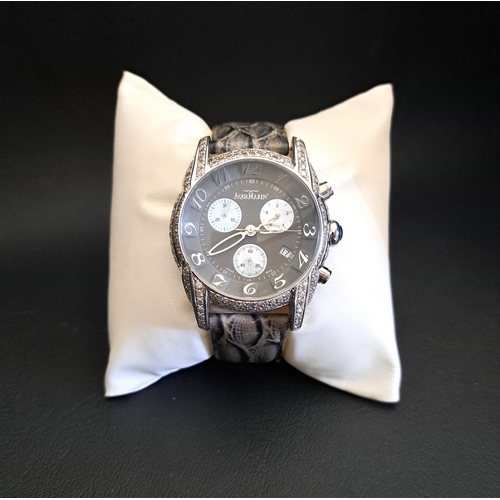 GENTLEMAN'S AQUAMARIN FOUR SEASONS DIAMOND WATCH
with diamond encrusted bezel and case, the diamonds totalling approximately 3cts, the grey dial with Arabic numerals and mother of pearl subsidiary dials, the back numbered 00618, on leather strap