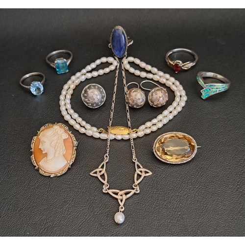 GOOD SELECTION OF SILVER AND SILVER MOUNTED JEWELLERY 
comprising a suite of bell orb jewellery - earrings and pendant, a pearl necklace with silver gilt clasp, four rings, including blue topaz and garnet set examples, a cameo brooch pendant in silver mount, a pearl set necklace, and an oval cut citrine set brooch