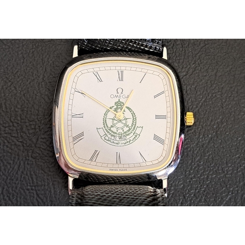 OMEGA DE VILLE QUARTZ WRISTWATCH
the white dial with Roman numerals and Saudi Arabia emblem to the centre, with Roman numerals and a black leather strap, with an Omega branded red travel pouch and Omega Repair Warranty Card