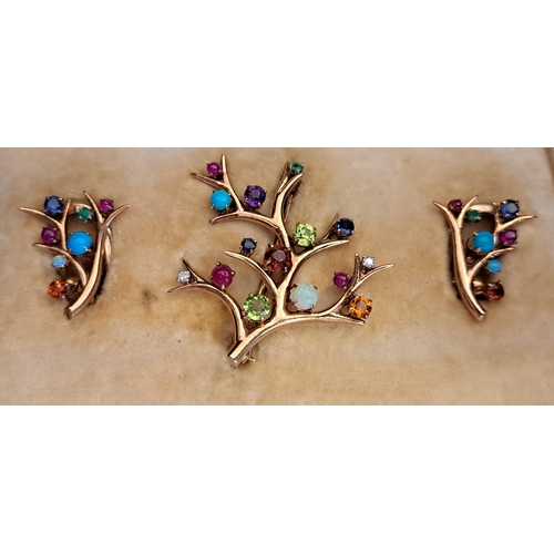 94 - UNUSUAL MULTI GEM SET BROOCH AND MATCHING EARRINGS
all of branch design and set with diamonds, sapph... 