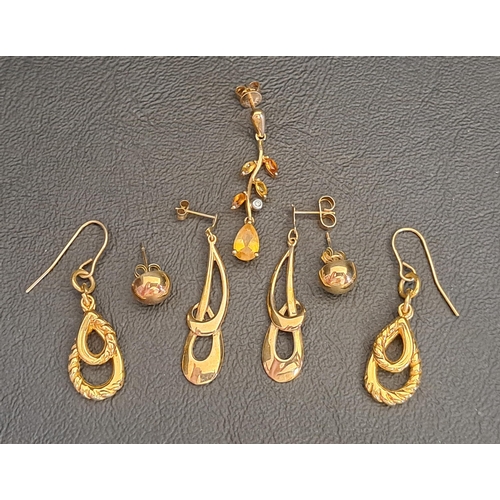 SELECTION OF GOLD AND GOLD PLATED EARRINGS
comprising a pair of unmarked gold entwined drop earrings (1.9 grams), a single diamond and citrine set nine carat gold earring (1.6 grams), a pair of fourteen carat gold plated drop earrings, and a pair of gold plated stud earrings