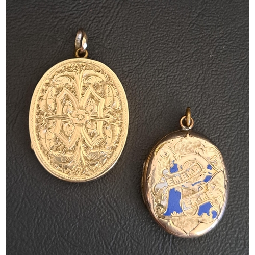 TWO GOLD PLATED OVAL LOCKET PENDANTS
both with engraved decoration, 3.3cm and 2.7cm high respectively (excluding suspension loops)