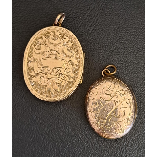 138 - TWO GOLD PLATED OVAL LOCKET PENDANTS
both with engraved decoration, 3.3cm and 2.7cm high respectivel... 