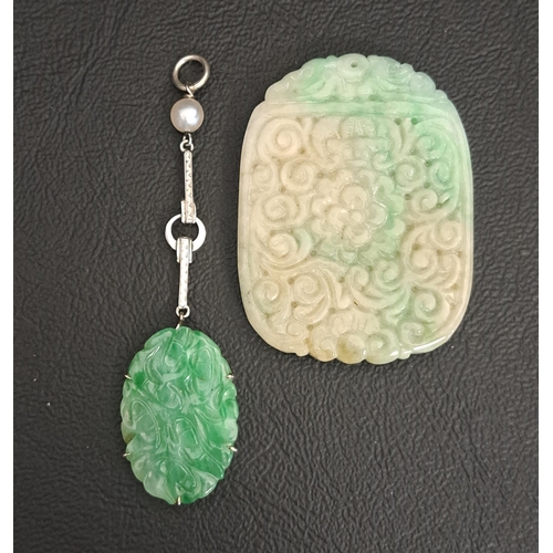 CARVED JADE PENDANT
the oval jade panel below gold bars and small seed pearl, in nine carat white gold, 6.5cm long; together with a caved jade amulet, 4.4cm x 3.3cm (2)