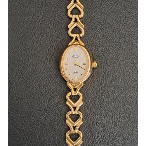 LADIES ROTARY NINE CARAT GOLD CASED WRISTWATCH
with white enamel dial with baton five minute markers, on nine carat gold bracelet strap, total weight approximately 13 grams