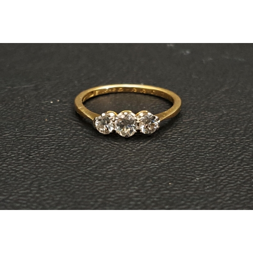 GRADUATED DIAMOND THREE STONE RING
the diamonds totalling approximately 0.5cts, on eighteen carat gold shank with platinum setting, ring size J and approximately 1.9 grams