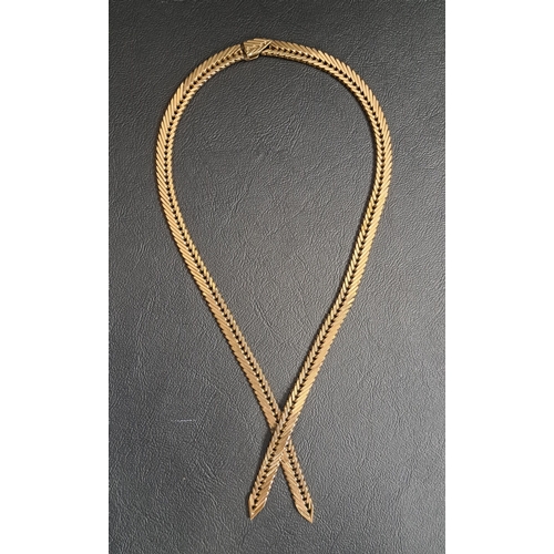 NINE CARAT GOLD NECKLACE
the two herringbone effect strands joined by articulated rivet detail to the front section, total weight approximately 46.6 grams