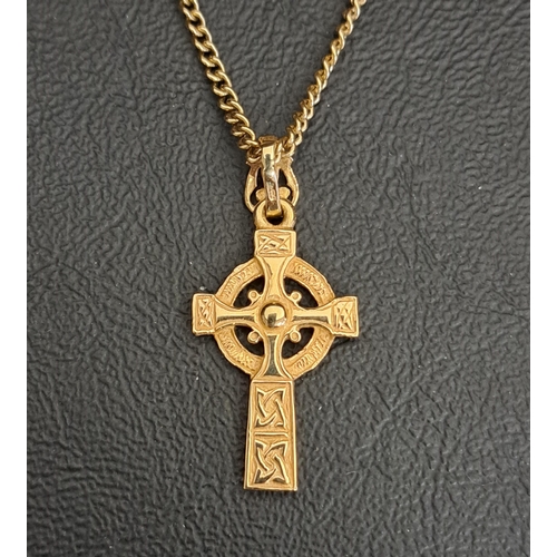 NINE CARAT GOLD CELTIC CROSS PENDANT
on nine carat gold chain, the pendant 3.5cm high including suspension loop, total weight approximately 8.9 grams