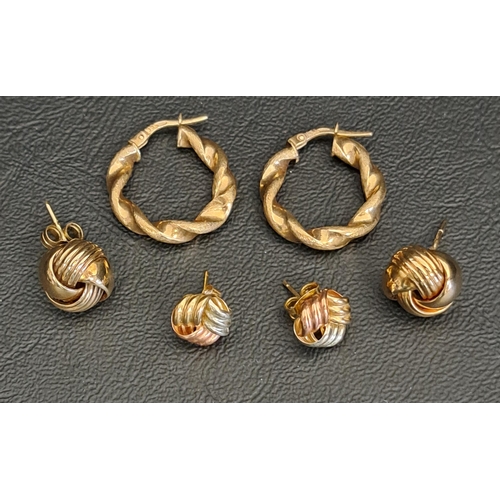 89 - THREE PAIRS OF NINE CARAT GOLD EARRINGS
comprising two pairs of knot design studs and one pair of tw... 