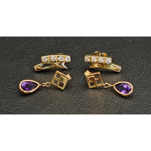 TWO PAIRS OF UNMARKED GOLD EARRINGS
one pair set with CZ, the butterflies in fourteen carat gold, and the other pair with amethyst drops, total weight approximately 4 grams