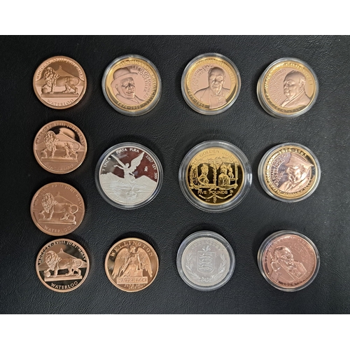 SELECTION OF COMMEMORATIVE COINS
including a 2007 Mexican pure silver Libertad coin (1oz), a 2010 Guernesey 8 Doubles (1 oz), five Winston Churchill related coins, five related to Waterloo, and a gilt Golden Jubilee Five Pounds dated 2002