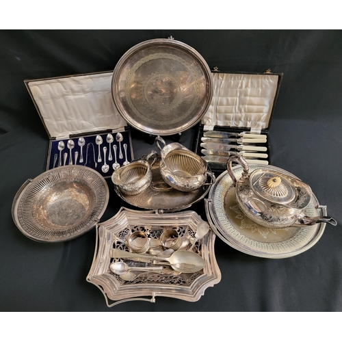 179 - MIXED LOT OF SILVER PLATE
including a lobed tea pot, twin handled sugar bowl and milk jug, presentat... 