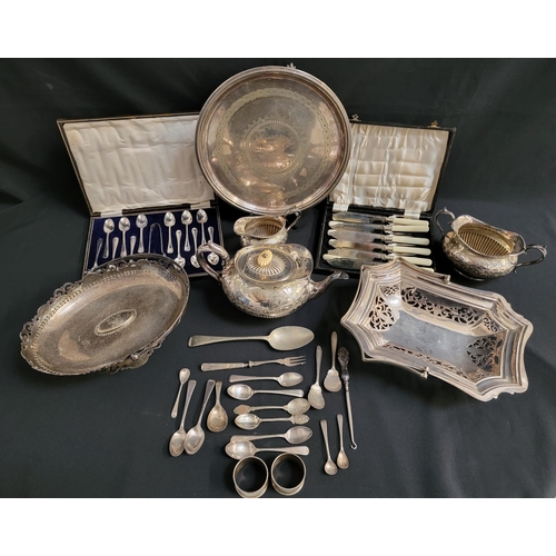 MIXED LOT OF SILVER PLATE
including a lobed tea pot, twin handled sugar bowl and milk jug, presentation salver from the Renfrew Bowling Club, four bread baskets with swing handles, cased set of twelve tea spoons and a pair of sugar tongs, cased set of six fish knives and forks and other items