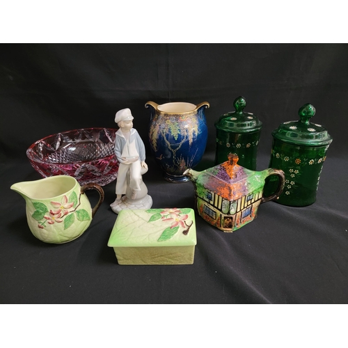 MIXED LOT OF CERAMICS
and glassware including a Crown Devon Fieldings blue ground vase, leaf decorated jug and butter dish, Lladro figurine of boy with a yacht 4810, pair of green glass lidded jars, Nursery ware tea set, boxed and other items