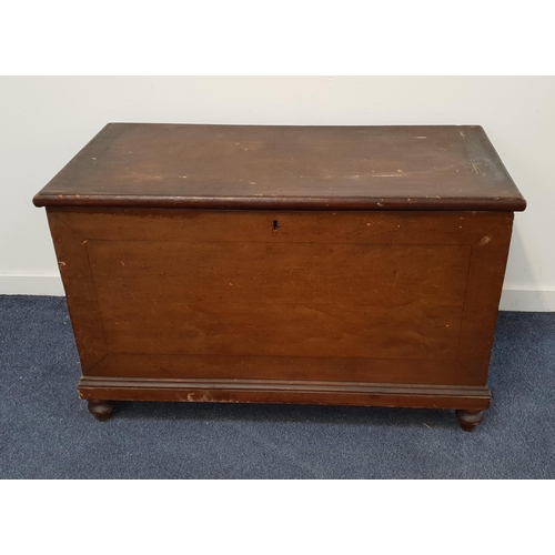 19th CENTURY PINE COFFER
with metal side carrying handles, the lift up lid with a candle box and two small drawers, standing on bun feet, 73.5cm x 116cm 57.5cm