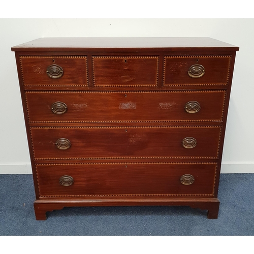 19th CENTURY MAHOGANY AND INLAID CHEST OF DRAWERS
with three frieze drawers above three long graduated drawers, standing on bracket feet, 108.5cm x 116cm x 57cm