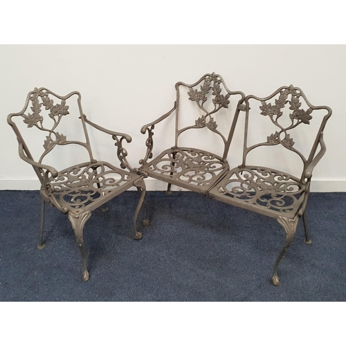 CAST ALUMINIUM GARDEN BENCH
with a shaped back of entwined branches above a similar seat, standing on cabriole front supports, together with a matching armchair (2)
