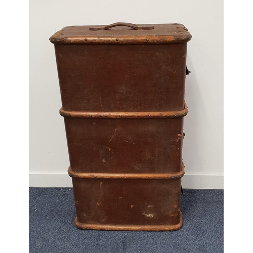 VINTAGE THREE PLY TRAVEL TRUNK
with wood banding and leather side carry handles, 33cm x 91.5cm x 54cm