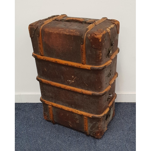 VINTAGE TRAVEL TRUNK
with wood banding and leather side carry handles, 33cm x 79cm 53cm