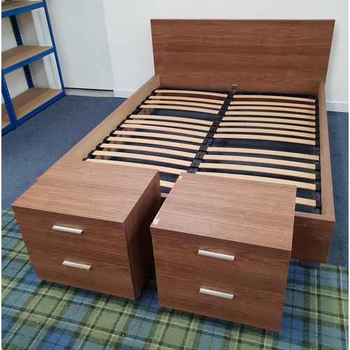WALNUT EFFECT DOUBLE BED
with a head, foot and sideboards and a sprung slatted base, 208cm x 161cm, together with a matching pair of two drawer bedside cabinets, 50cm x 54cm x 43cm