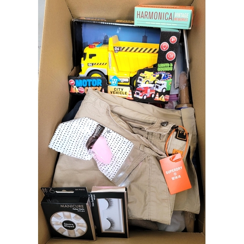 ONE BOX OF NEW ITEMS
including socks, clothing, toy truck, harmonica, and cosmetics