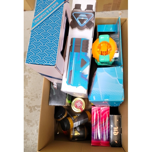 ONE BOX OF NEW ITEMS
including toiletry sets, toys, and Manuka honey