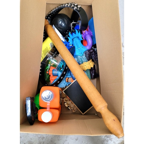 ONE BOX OF MISCELLANEOUS ITEMS
including a rolling pin, a handbag, acrylic paints, toys, two bullet belts, and Wash & Wax car treatment