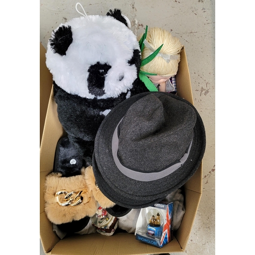 ONE BOX OF NEW ITEMS
including children's clothes and books, toys, slippers, snow globes and two Marks and Spencer gent's hats