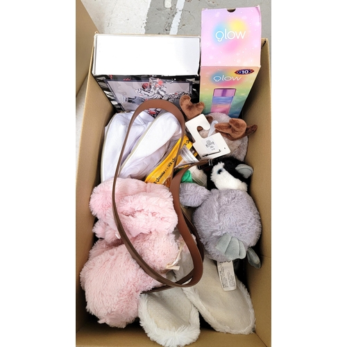 ONE BOX OF NEW ITEMS
including soft toys, snow globes, clothing, a Glow lamp, Shooting Elite waterbomb gun, toiletry bags and Brazilian Bum Bum cream,