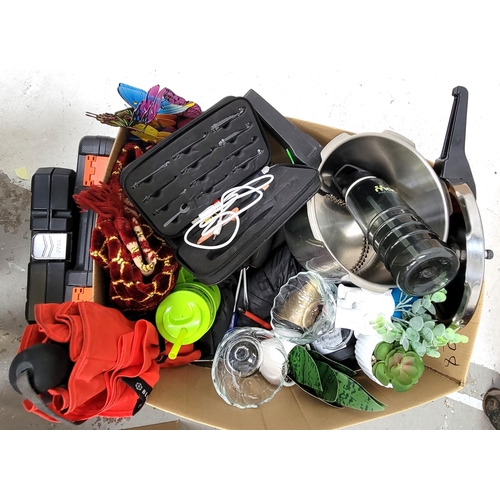 ONE BOX OF MISCELLANEOUS ITEMS
including tool sets, pressure cooker, umbrellas, artificial plants, glass bowls, and a cased crochet set