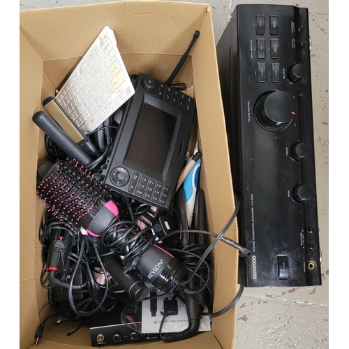 ONE BOX OF ELECTRICAL ITEMS
including a Kenwood amp, a Mercedes Alpine Infotainment, electric toothbrushes, hair straighteners (including 3x GHD), 2x microphones, hair trimmers, etc.