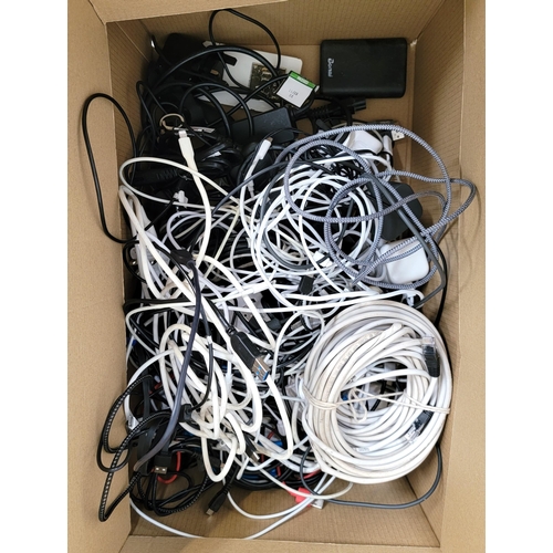 ONE BOX OF CABLES, PLUGS, CHARGERS AND POWER BANKS
including two powerbanks