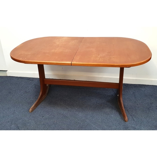 MCINTOSH TEAK D END DINING TABLE
with a pull apart top revealing a fold out leaf, standing on shaped end supports united by a stretcher, 75.5cm x 205cm x 92.5cm