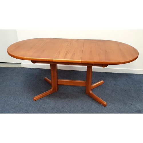 MID CENTURY TEAK D END DINING TABLE
with a pull apart top revealing a fold out leaf, standing on shaped end supports united by a stretcher, 75cm x 180cm 90.5cm