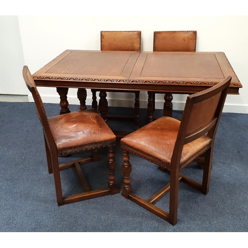 18th CENTURY STYLE OAK DINING TABLE AND FOUR CHAIRS
the table with a panelled pull apart top and extra leaf, standing on turned supports united by a shaped stretcher, 185cm extended, together with four leather dining chairs with decorative stud detail