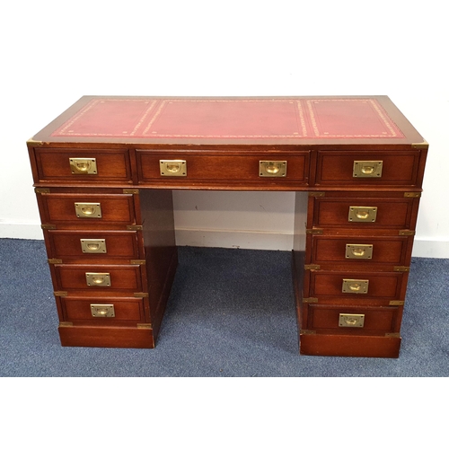 MAHOGANY KNEEHOLE DESK
the red leather top with inset brass corners and banding, with an arrangement of eleven drawers with brass flush handles, 78cm x 119cm x 58.5cm