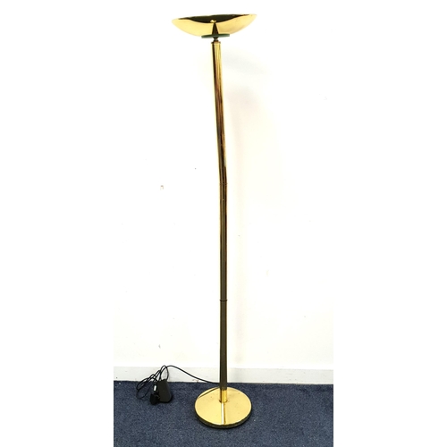 476 - BRASS EFFECT UP LIGHTER
raised on a circular base with a turned column and dished shade, 179cm high