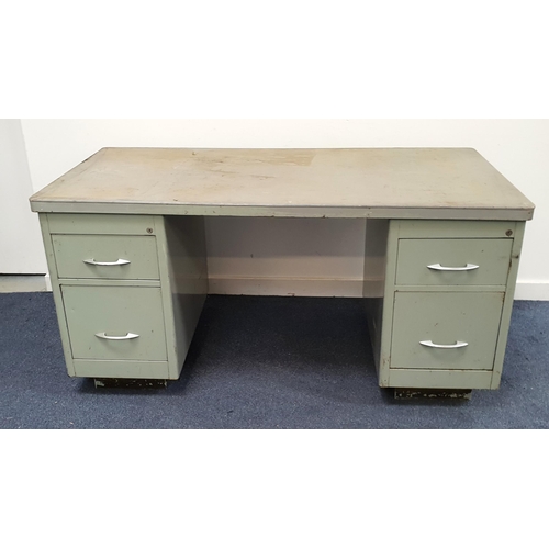 1950s METAL PEDESTAL DESK
the rectangular top on twin pedestals, each with two drawers, on a plinth base, 152.5cm x 77.5cm x 76.5cm