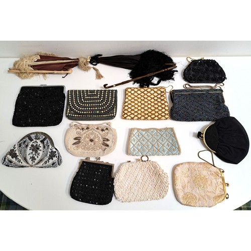 SELECTION OF LADIES EVENING BAGS
including a Goldco example with snap closure and white bead decoration, and eleven other evening bags with bead decoration; together with two parasols with folding stems
