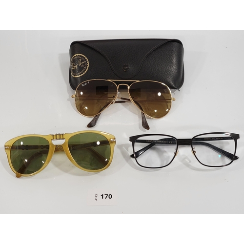 TWO PAIRS OF DESIGNER SUNGLASSES AND ONE PAIR OF GLASSES
The sunglasses include one pair of Persol (714SM - Steve McQueen) and one pair of Ray-Bans in Ray Ban case, the glasses by Gucci (GG 0294O)