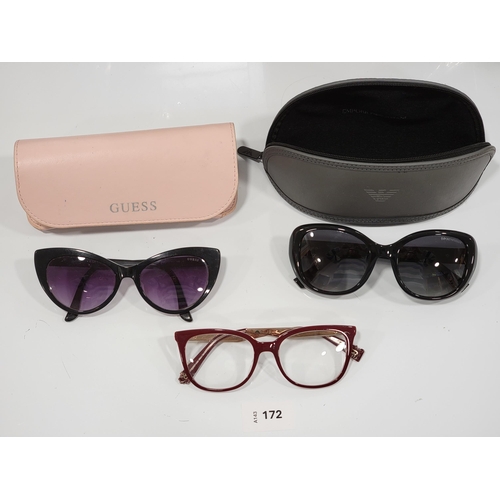 TWO PAIRS OF DESIGNER SUNGLASSES AND ONE PAIR OF GLASSES
comprising Guess and Emporio Armani sunglasses both in cases and Marc Jacobs glasses
Note: Temple tips are badly chewed on Marc Jacobs glasses